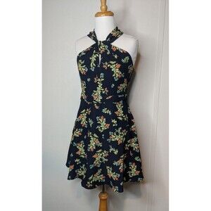 NWT 19 Cooper Navy Blue Floral Halter Dress S Textured Summer